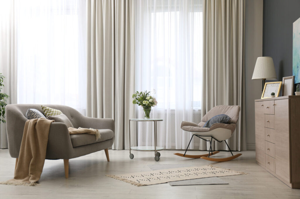 gallery Modern living room interior with beautiful curtains on window