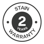 Gallery Circular label displaying 2 Years Stain Warranty guarantee.
