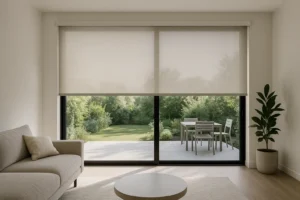 Motorized roller shades covering a wide sliding glass door to a patio in a modern living room