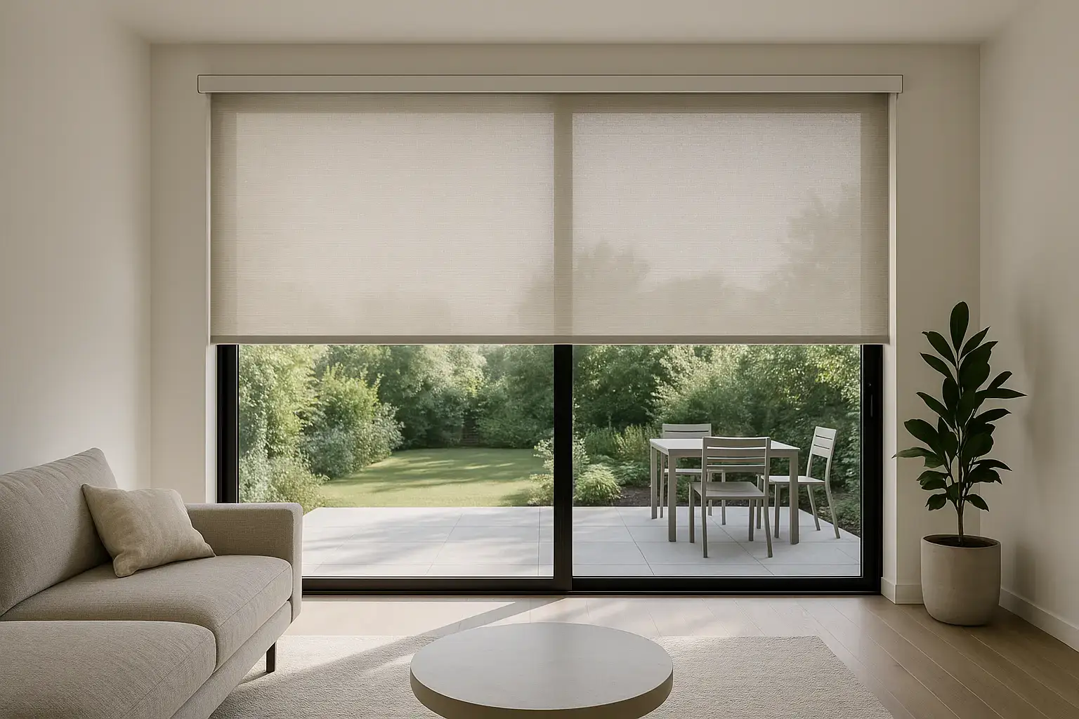 Motorized roller shades covering a wide sliding glass door to a patio in a modern living room