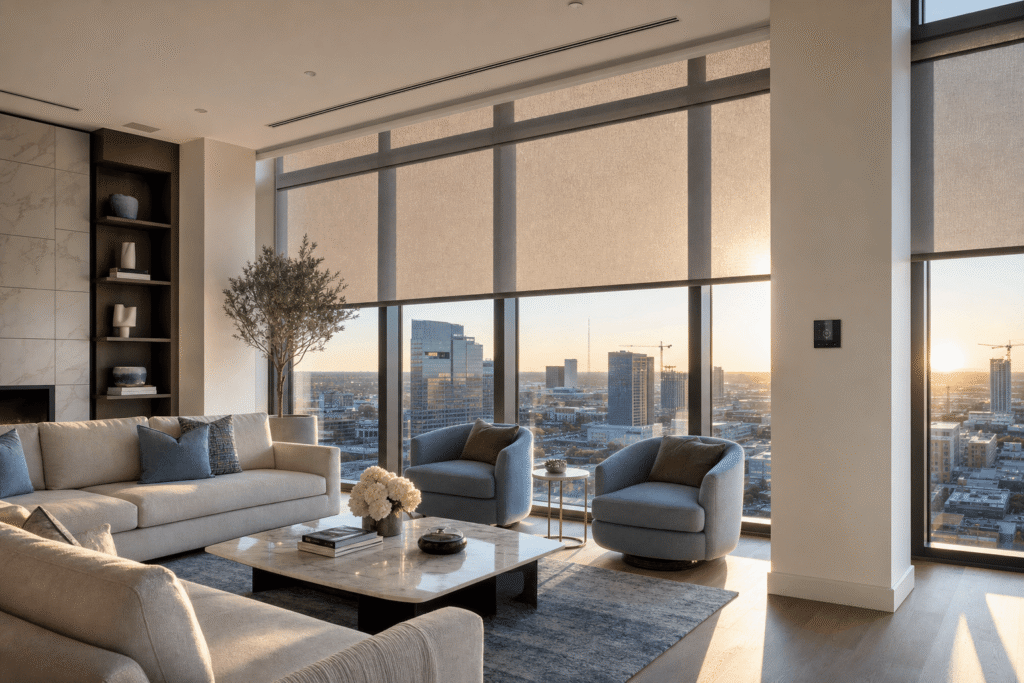 Motorized roller shades lowering over a sunlit modern living room with a wall control nearby