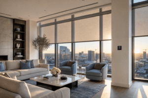 Motorized roller shades lowering over a sunlit modern living room with a wall control nearby