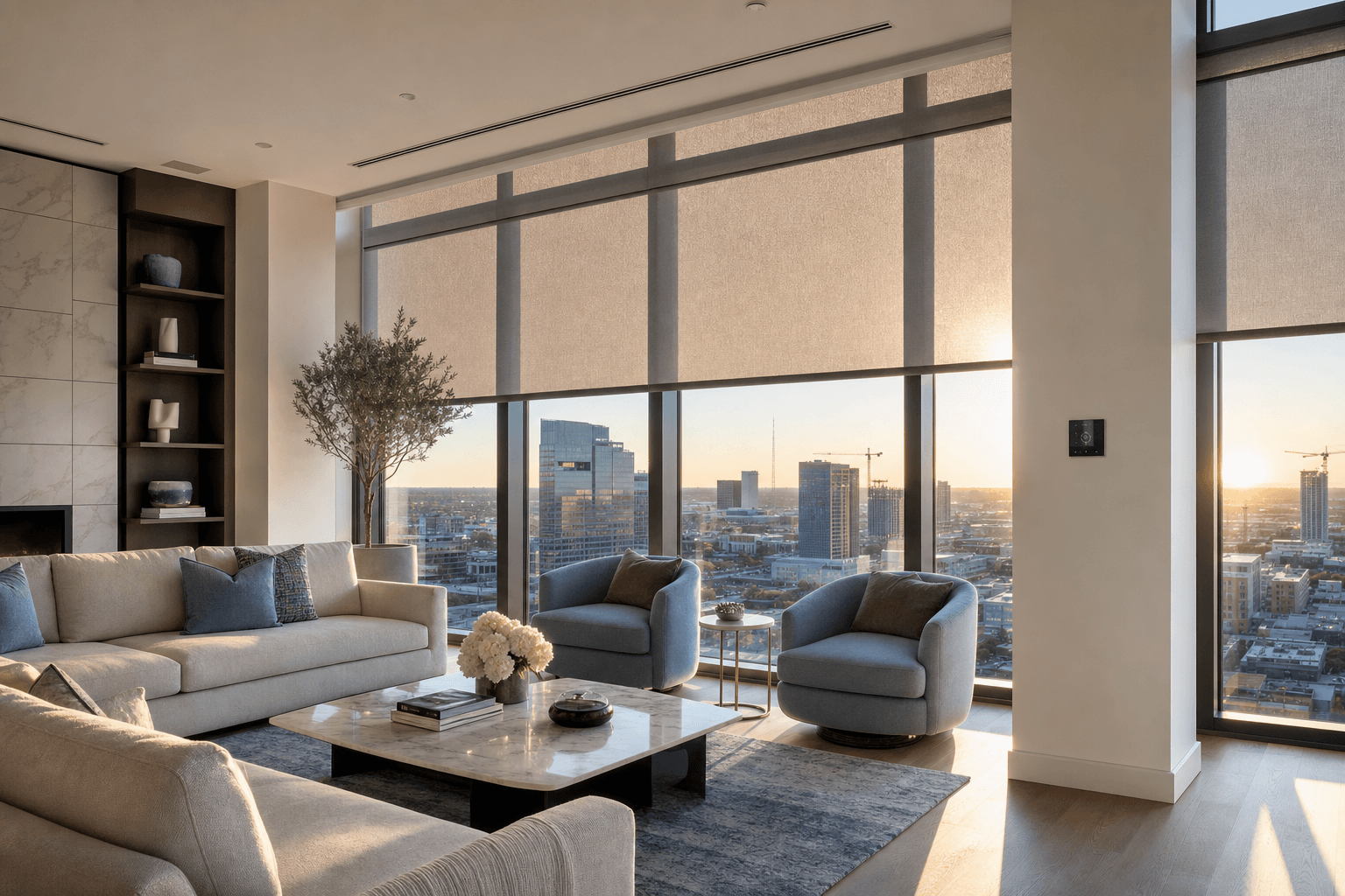 Motorized roller shades lowering over a sunlit modern living room with a wall control nearby