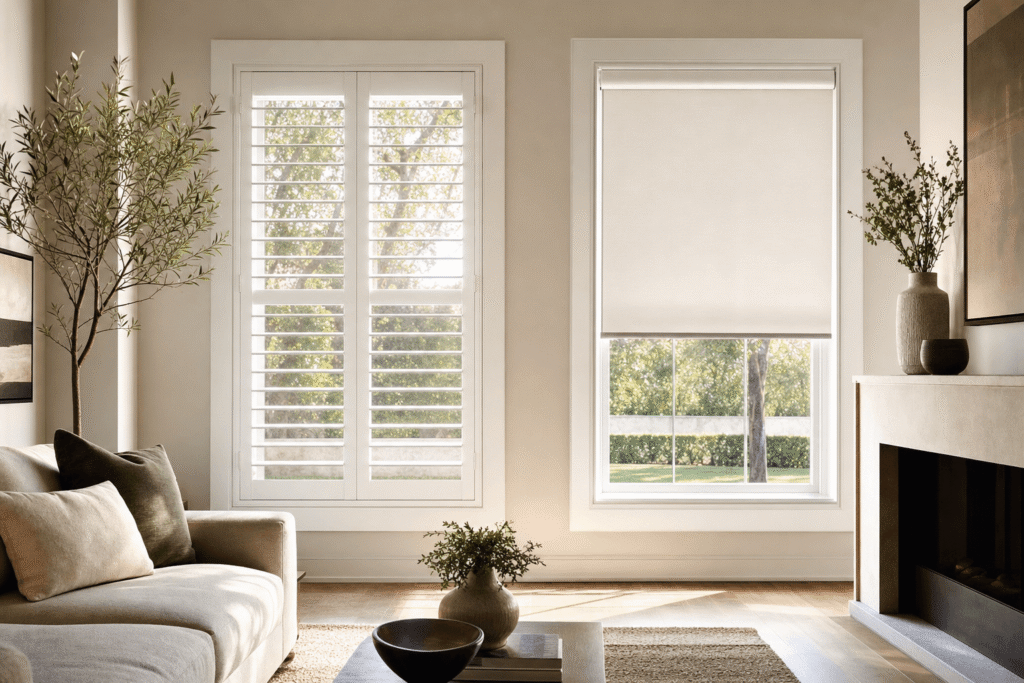 White plantation shutters and a roller shade shown side by side in a bright Dallas living room