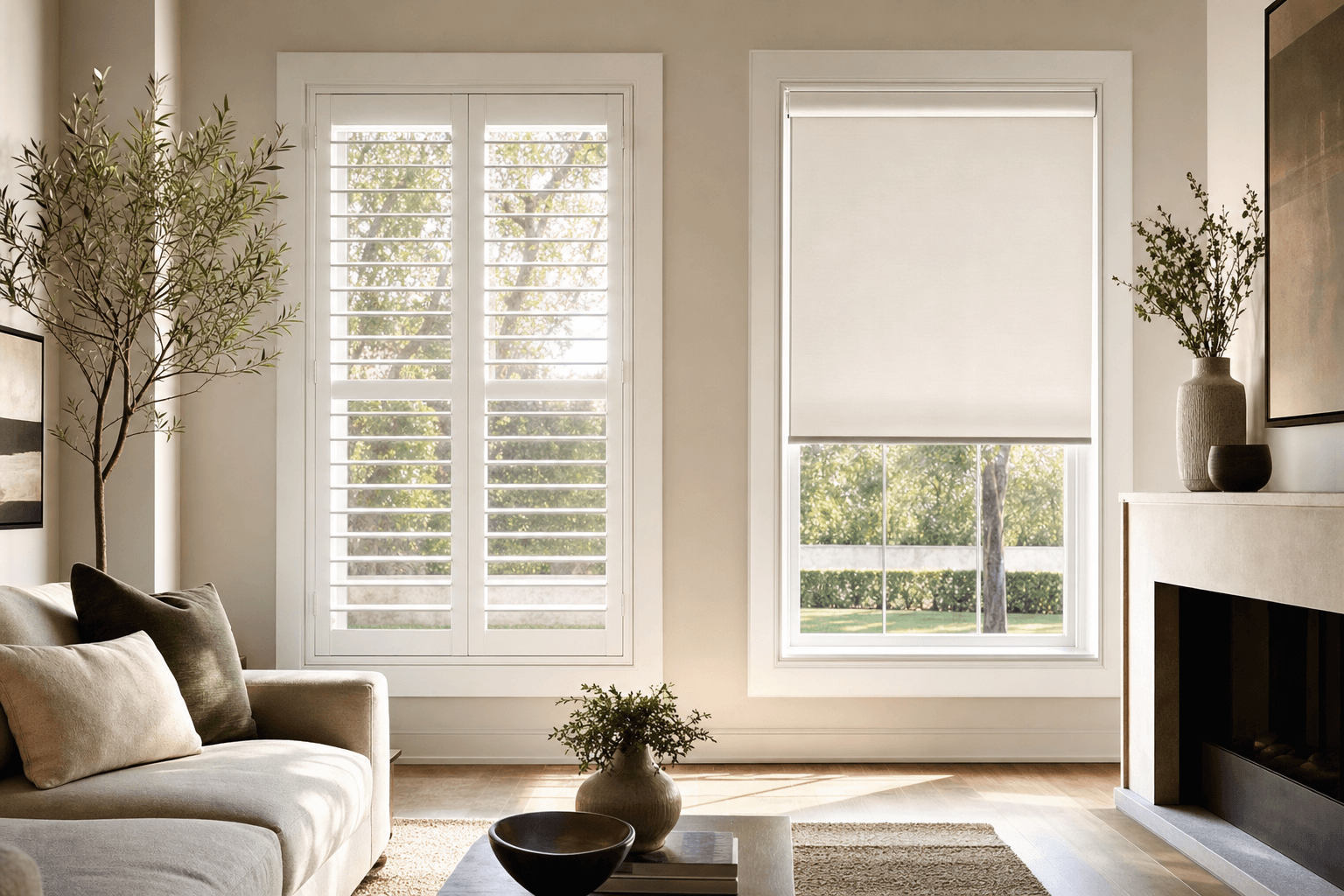 White plantation shutters and a roller shade shown side by side in a bright Dallas living room