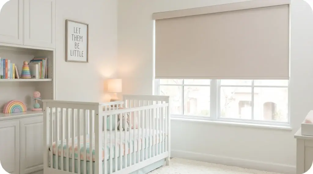 A bright nursery with a clean cordless roller shade and no hanging cords near the crib