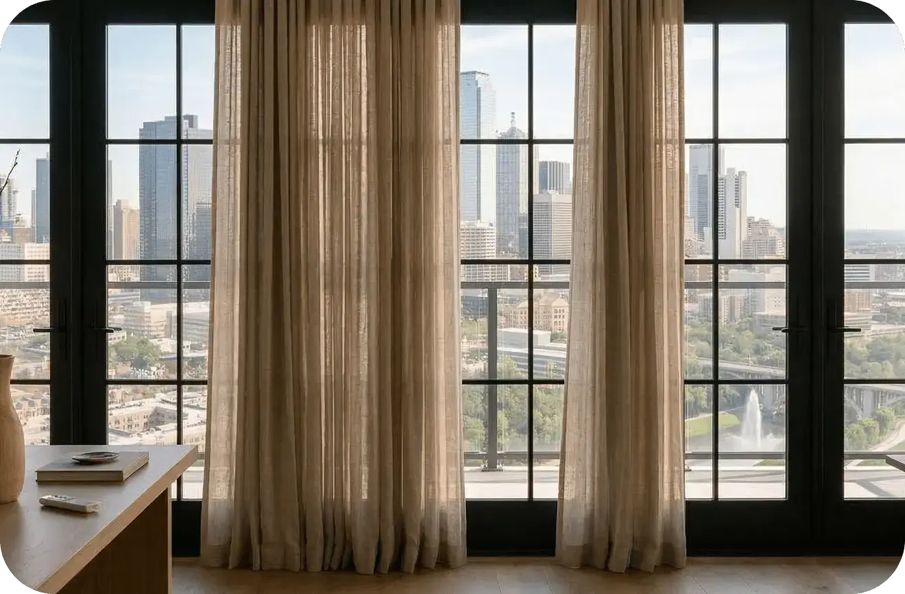 Custom sheer drapery panels framing tall city-view windows