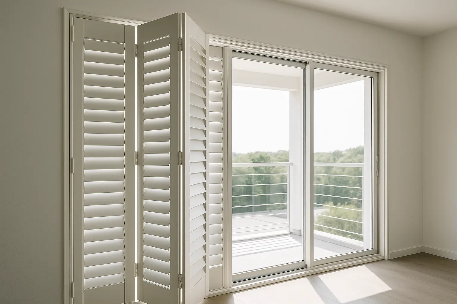 Foldable plantation shutters folded to one side of a wide sliding glass door