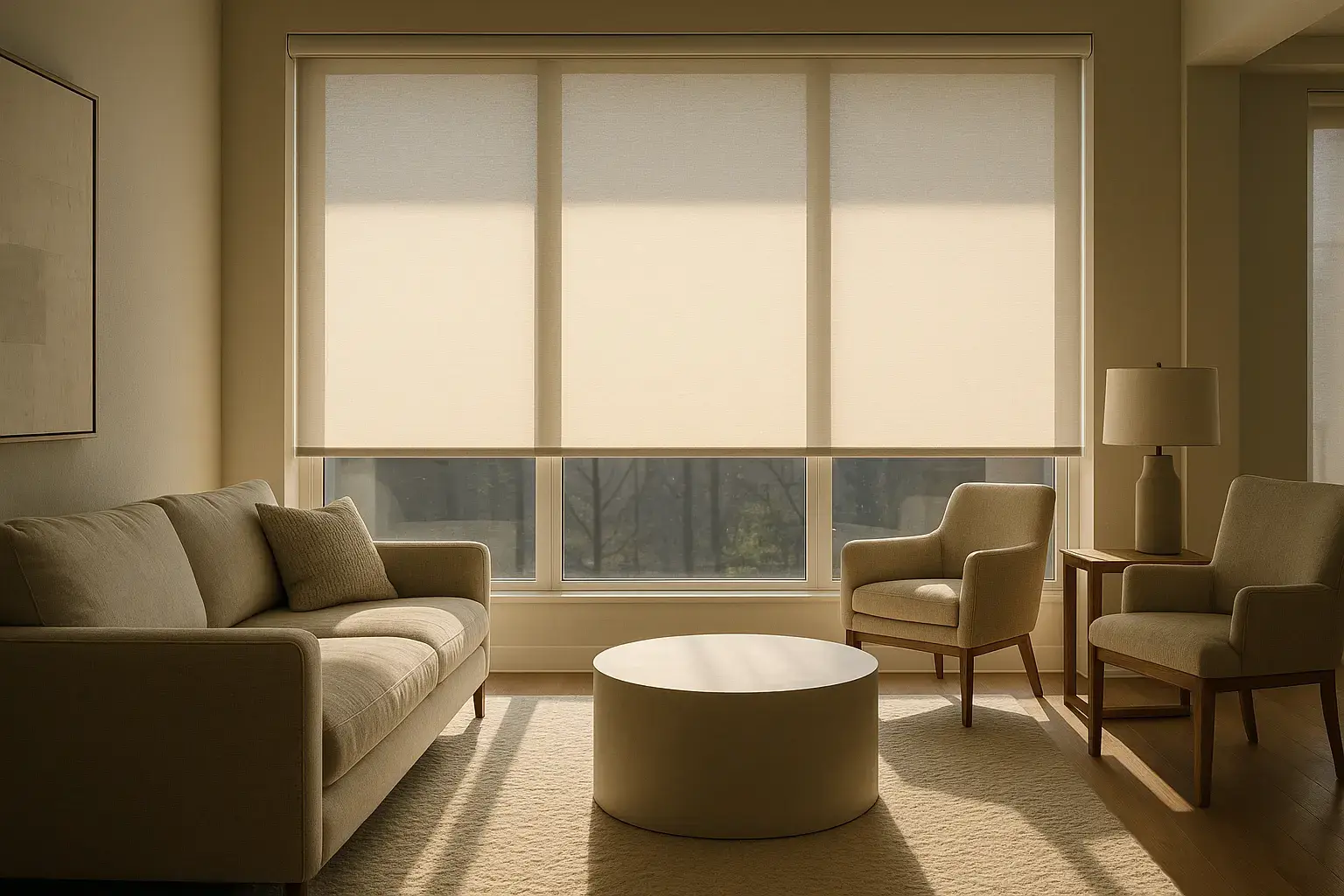 Reflective roller shades at the glass cut afternoon heat before it builds up indoors.