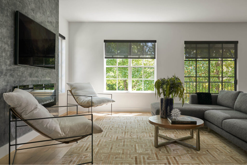Two Colourvue solar-screen roller shades with dark cassettes in a modern living room