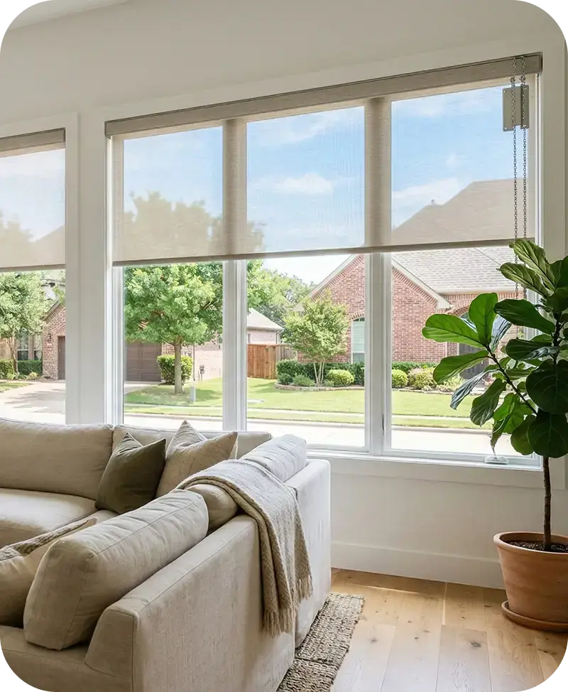 Light-filtering roller shades lowered over a sunny wall of living-room windows