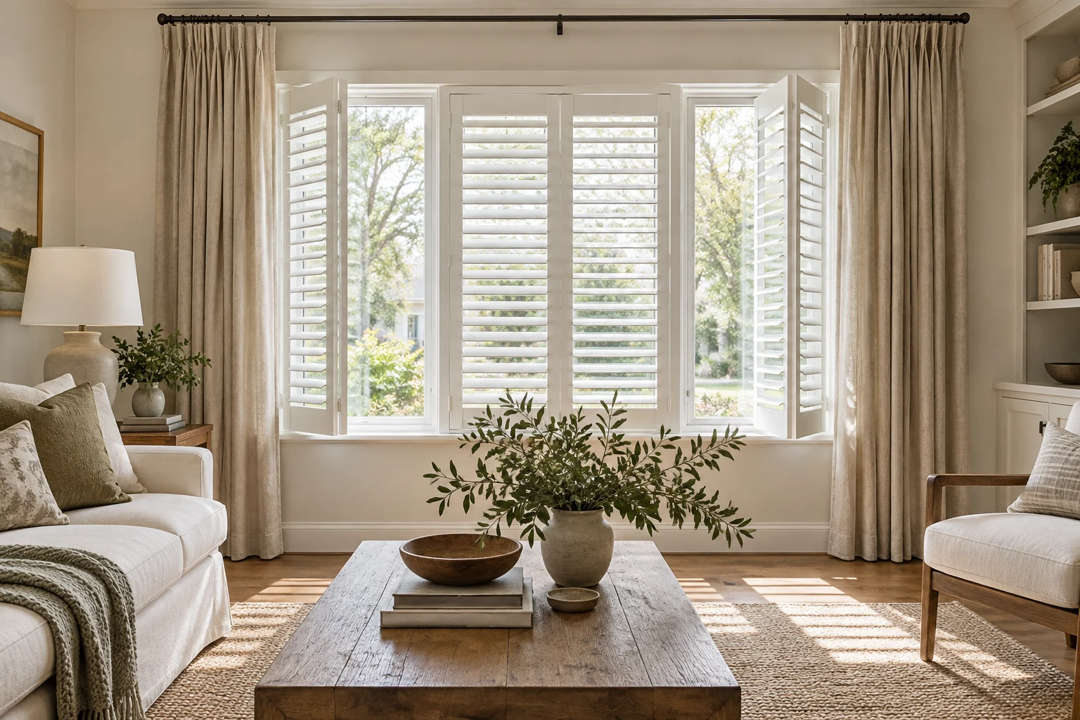 Full-length linen drapery framing white interior shutters on a living room window