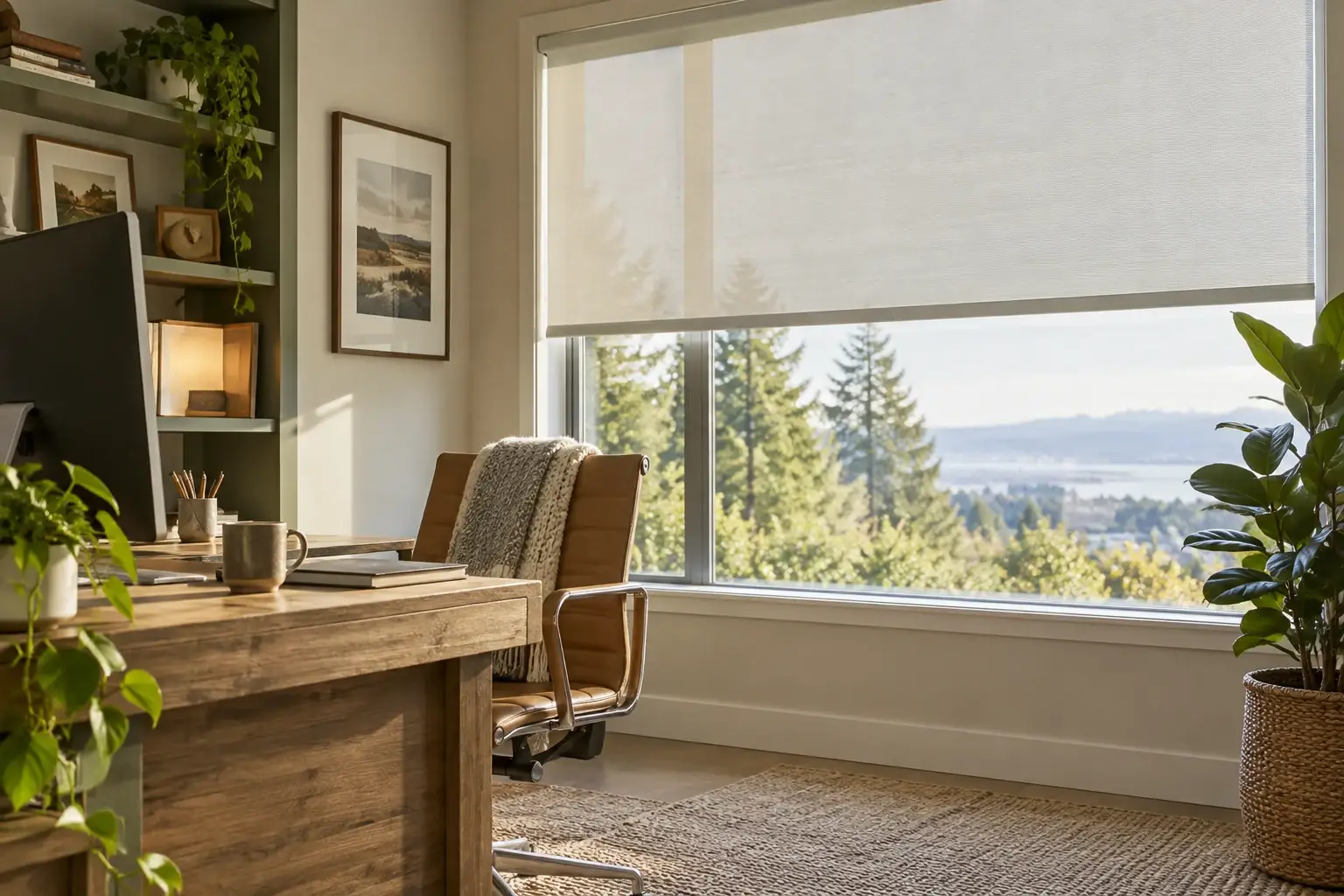 Light-filtering roller shade over a home office window beside a computer desk