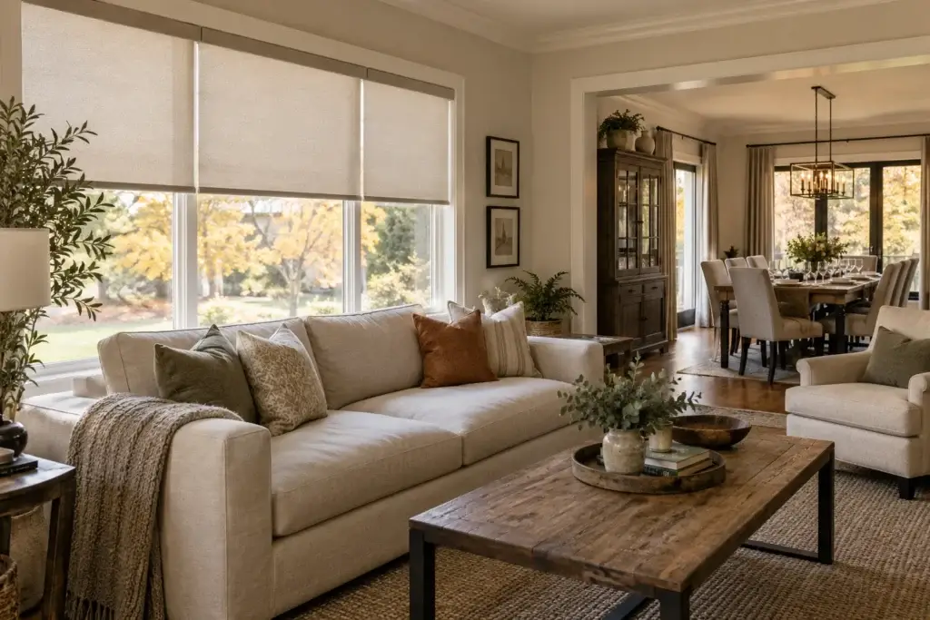 Neutral roller shades partially lowered in an autumn living room near a dining room set for guests