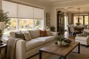Neutral roller shades partially lowered in an autumn living room near a dining room set for guests