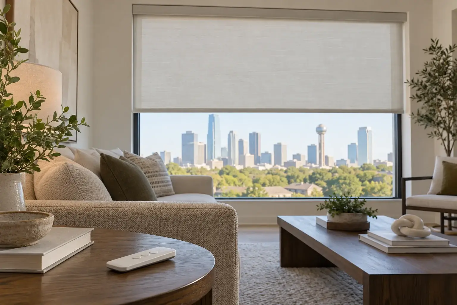 Partially lowered roller shade with an unbranded remote on a side table